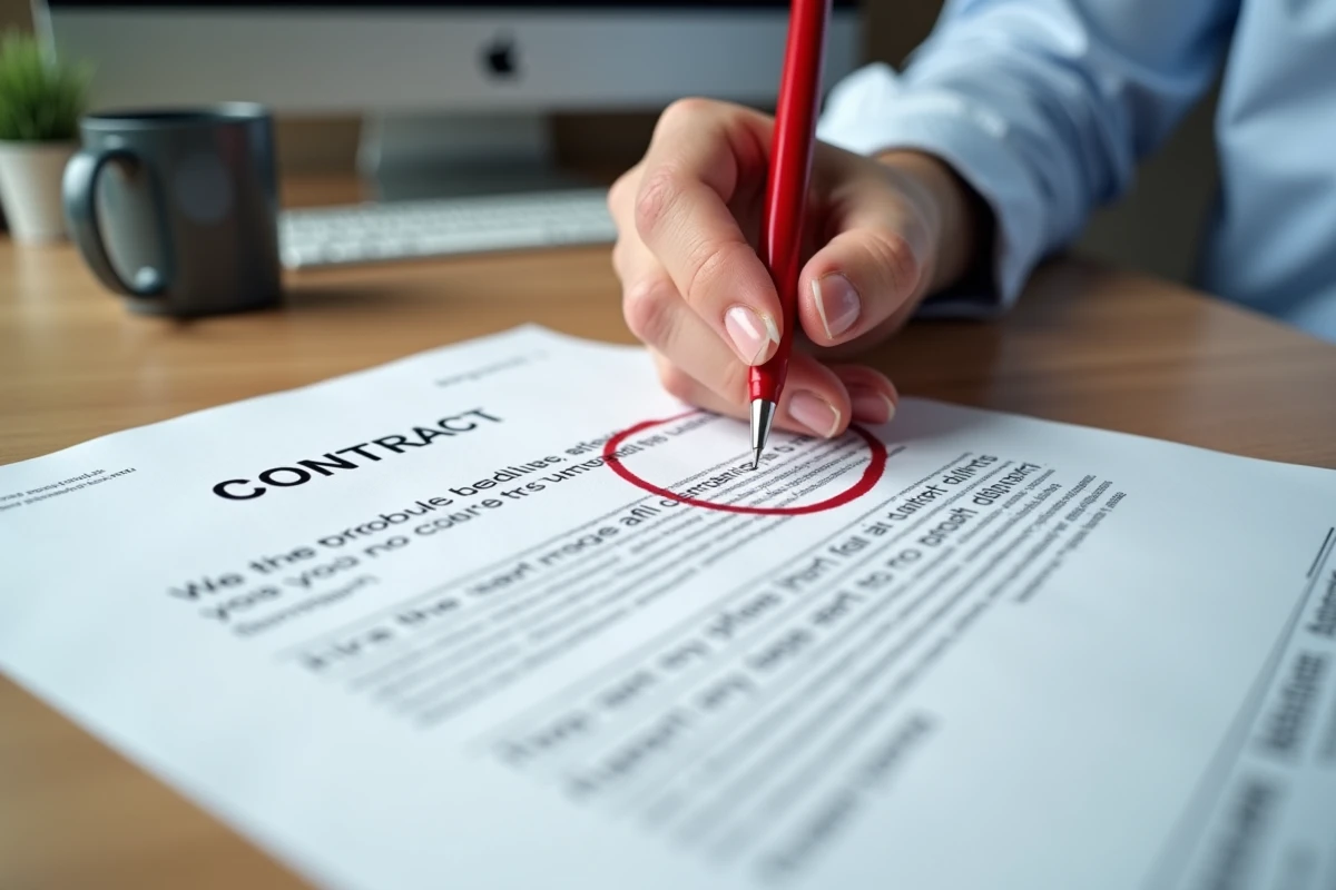 Un homme entoure au stylo rouge une clause de délai vague et non définie dans un contrat imprimé sur un bureau en bois