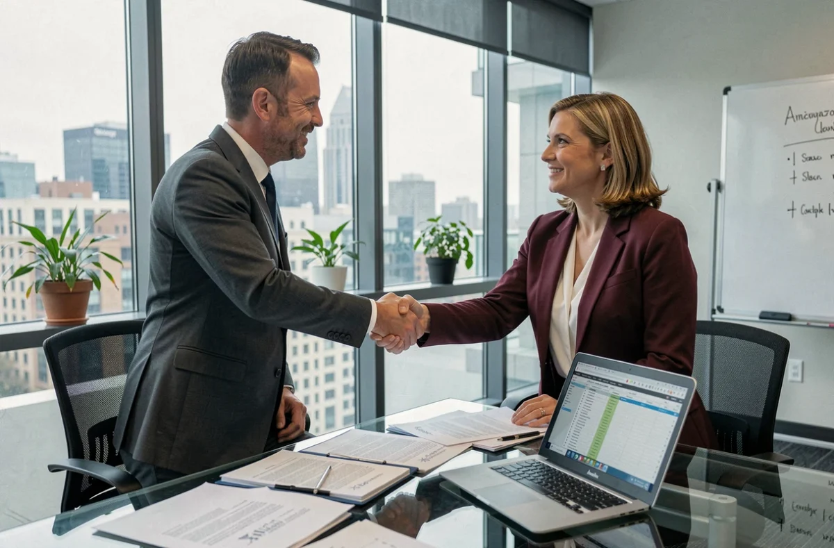 Deux professionnels signant un accord de prestation de service en portage salarial dans une salle de réunion d'entreprise