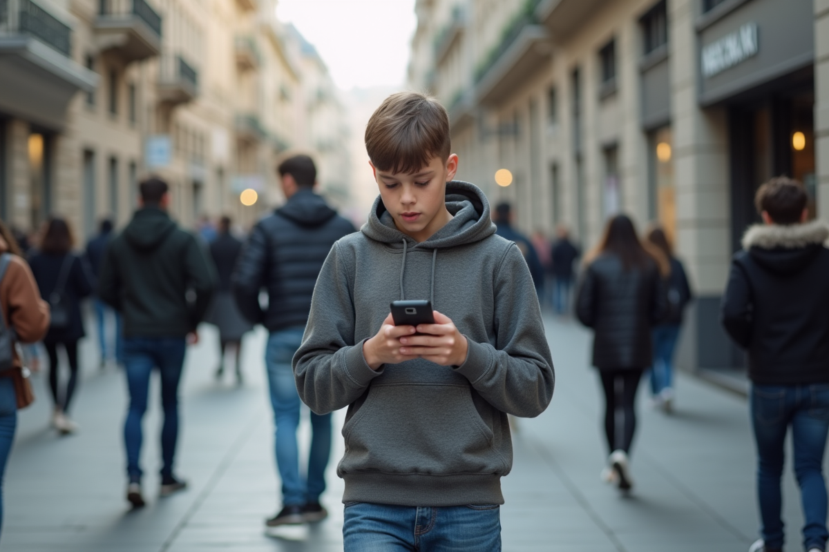 Jeune garçon en hoodie utilisant son téléphone dans la rue