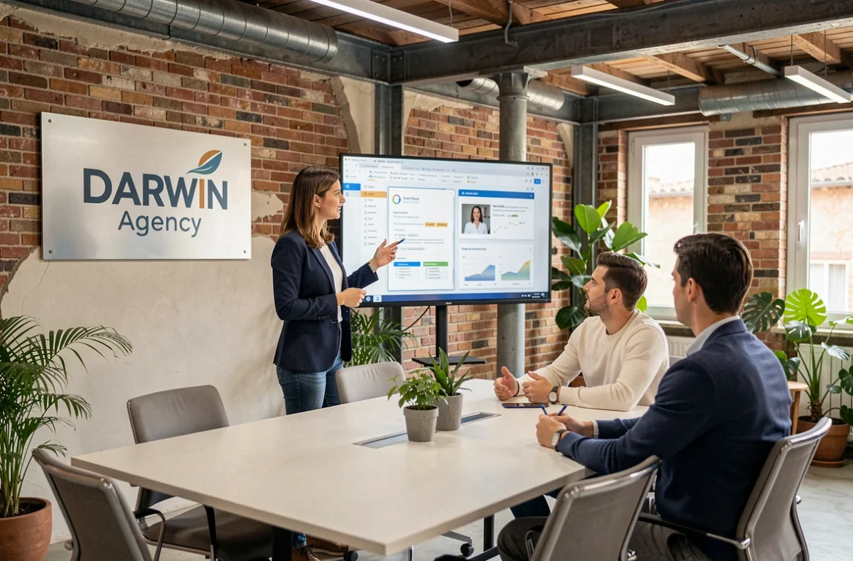 Professionnelle présentant une stratégie digitale à l'agence Darwin Agency dans un bureau au style industriel