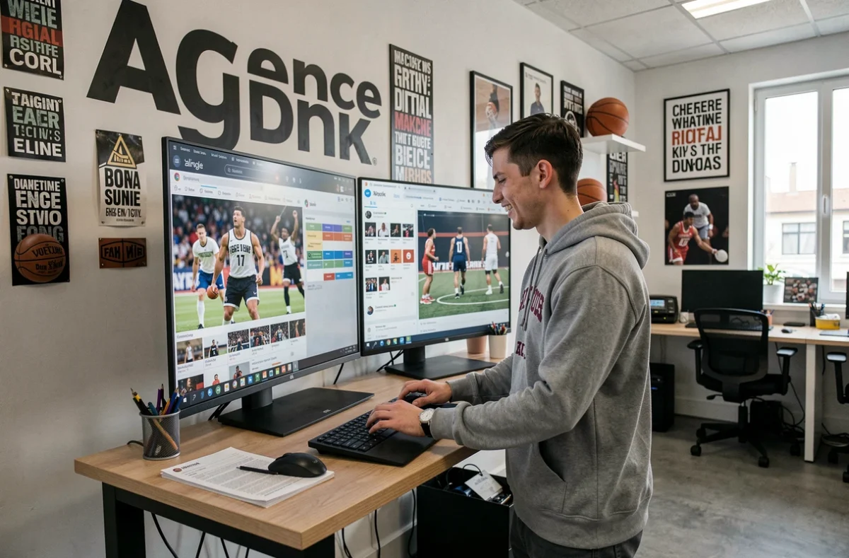 Jeune professionnel de l'Agence Dunk gérant un calendrier de contenus réseaux sociaux dans un espace mêlant culture sportive et digital