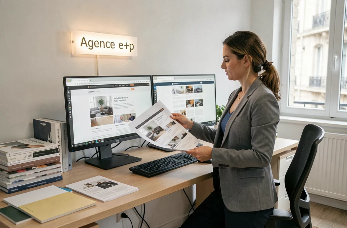 Professionnelle de l'Agence e+p comparant une maquette de brochure imprimée et un site e-commerce sur écran dans un bureau organisé
