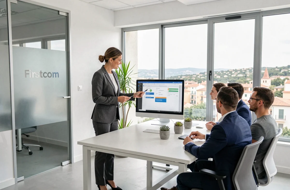 Professionnelle de Firstcom présentant une proposition client à une équipe réunie autour d'une table de réunion moderne