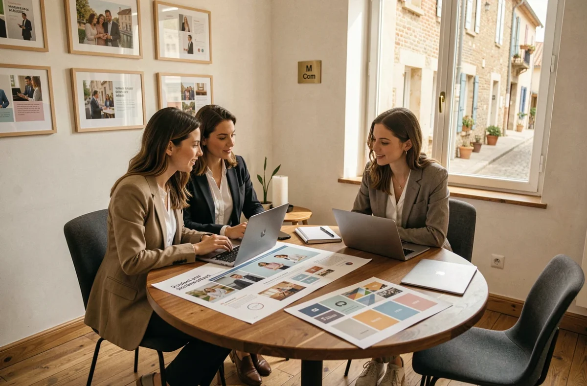 Deux professionnelles de l'agence M Com discutant d'une mise en page de campagne marketing autour d'une table ronde