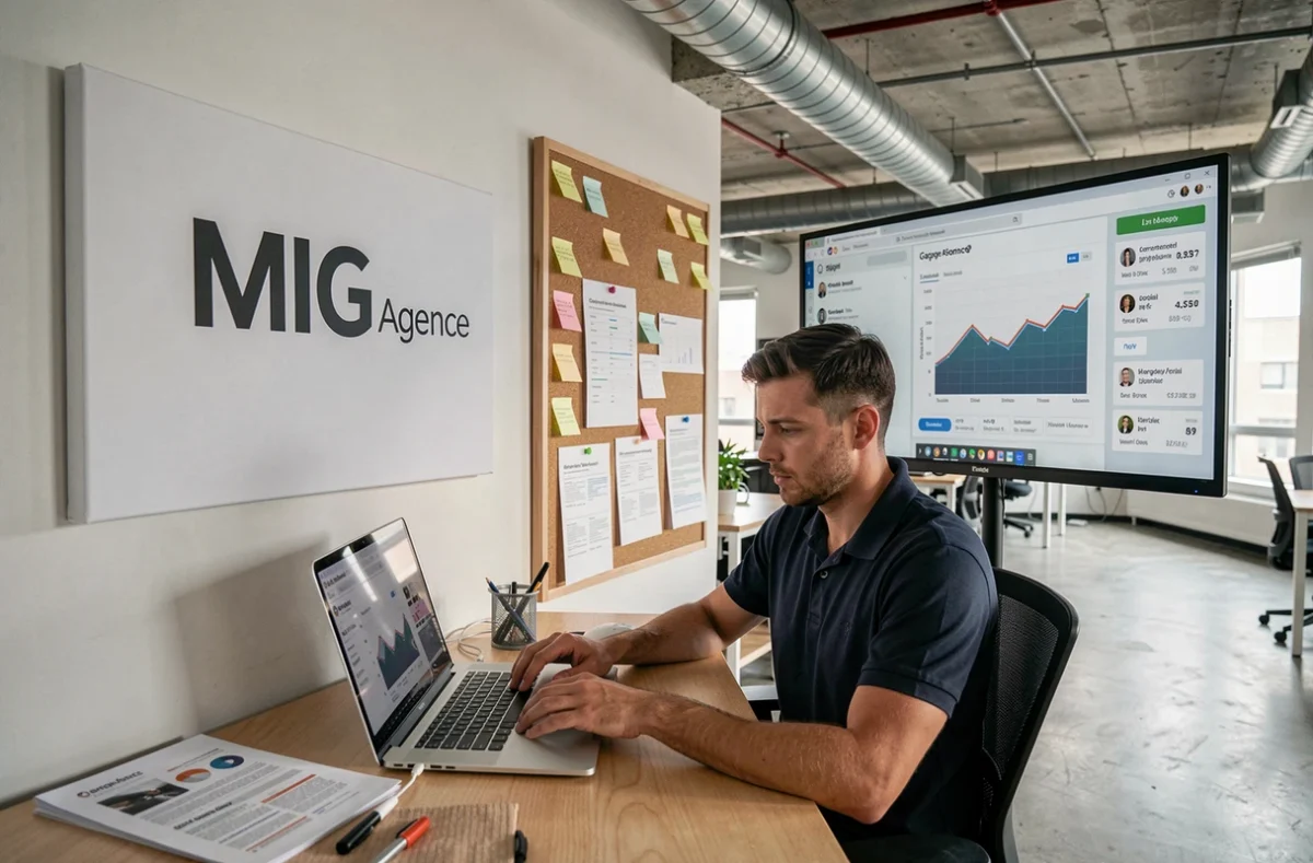Consultant digital de MIG Agence analysant des métriques de performance sur réseaux sociaux dans un bureau au style industriel