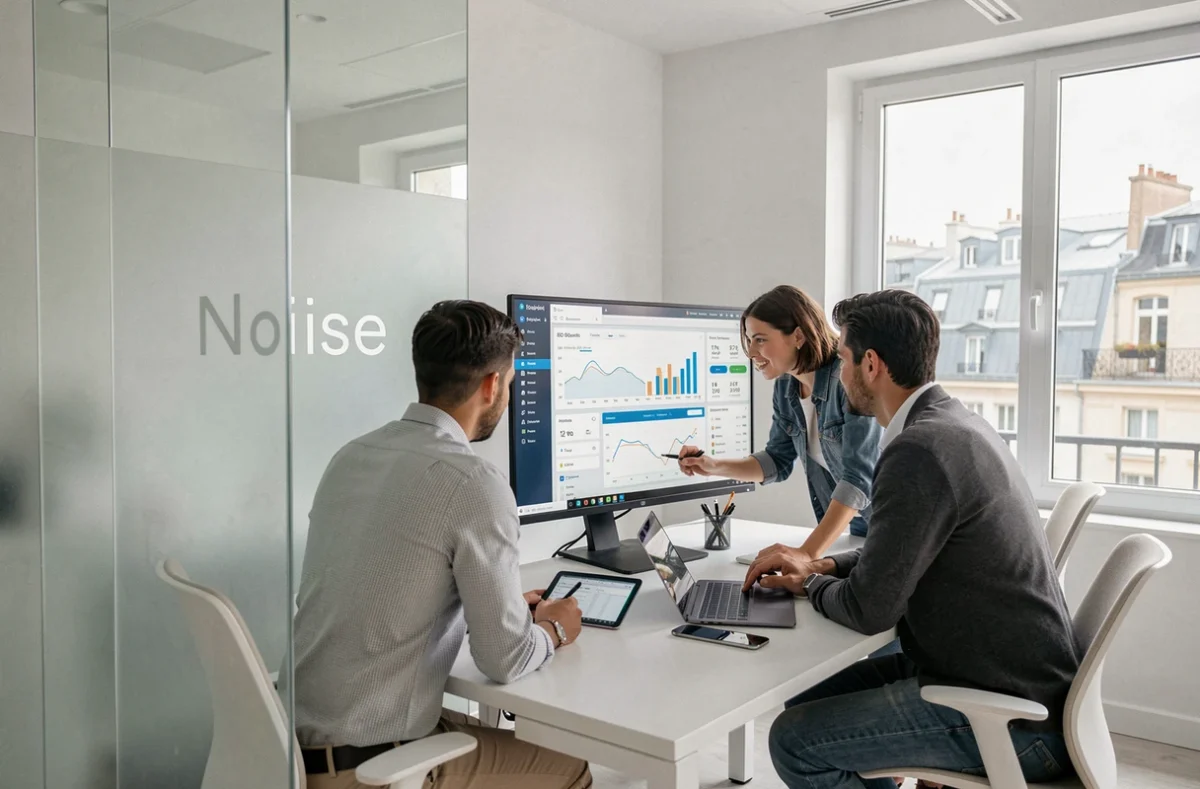 Équipe de l'agence Noiise collaborant sur des tableaux de bord SEO dans un bureau moderne et minimaliste