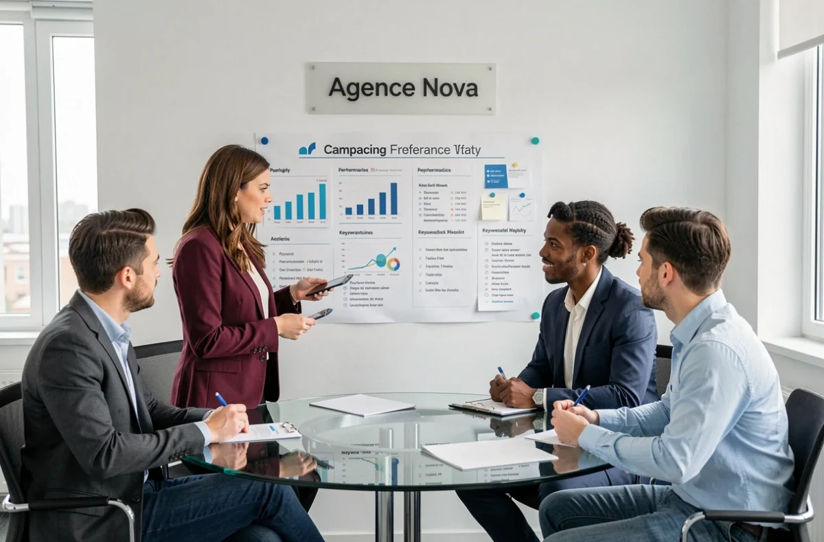 Équipe de l'Agence Nova en réunion stratégique autour d'un tableau de campagnes Google Ads dans un espace moderne