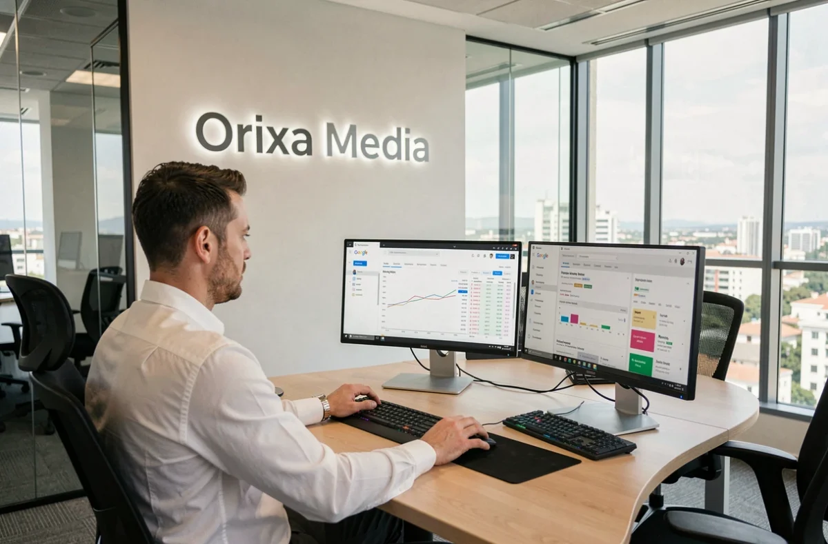Professionnel analysant des données publicitaires multi-canal chez Orixa Media sur deux écrans de monitoring