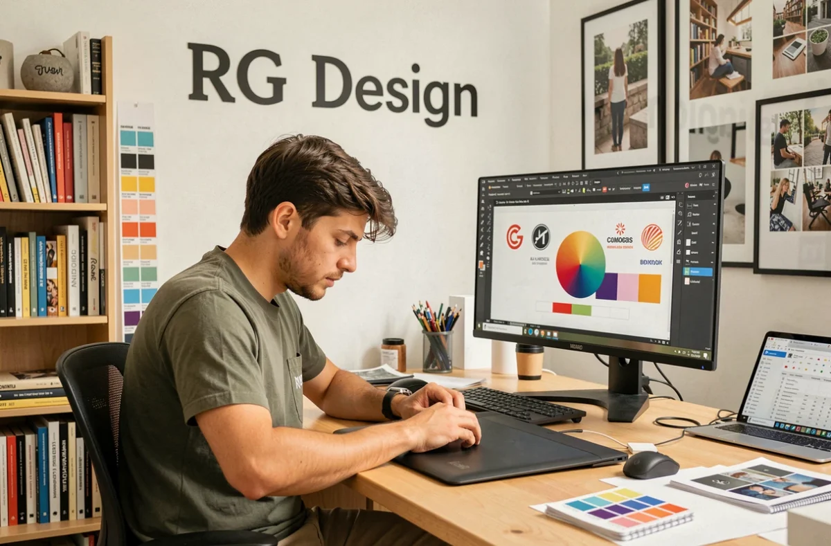 Designer graphique de RG Design travaillant sur une tablette Wacom et un projet d'identité visuelle de marque