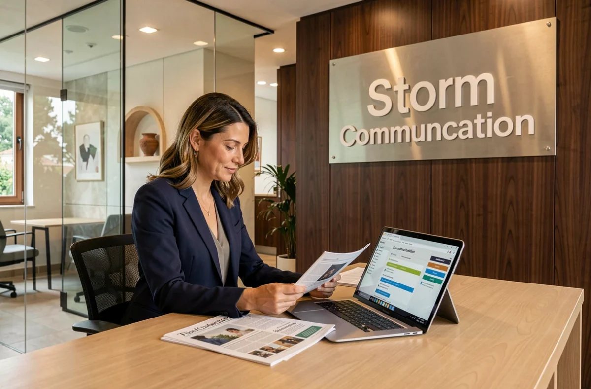 Directrice de communication chez Storm Communication révisant des matériaux de presse et un plan de communication sur tablette