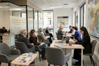 Vue d'ensemble d'une agence d'intérim animée en Bourgogne-Franche-Comté avec candidats et conseillers en emploi