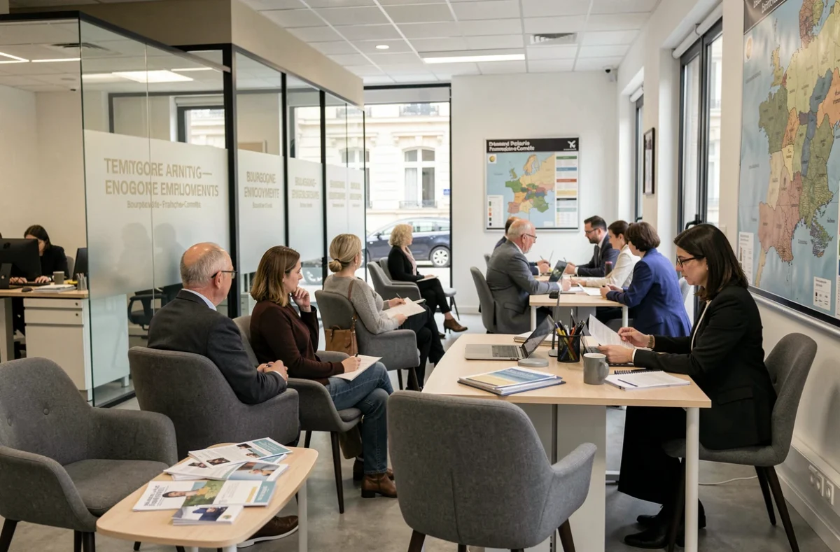 Vue d'ensemble d'une agence d'intérim animée en Bourgogne-Franche-Comté avec candidats et conseillers en emploi