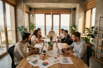 Équipe d'une agence de marketing digital dans les Bouches-du-Rhône travaillant autour d'une table avec laptops et rapports d'analyse