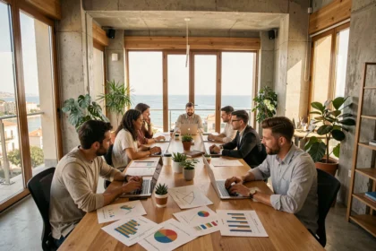 Équipe d'une agence de marketing digital dans les Bouches-du-Rhône travaillant autour d'une table avec laptops et rapports d'analyse