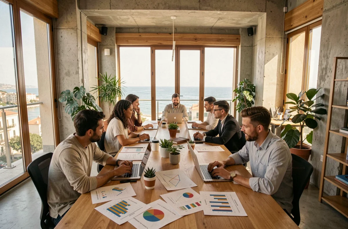 Équipe d'une agence de marketing digital dans les Bouches-du-Rhône travaillant autour d'une table avec laptops et rapports d'analyse