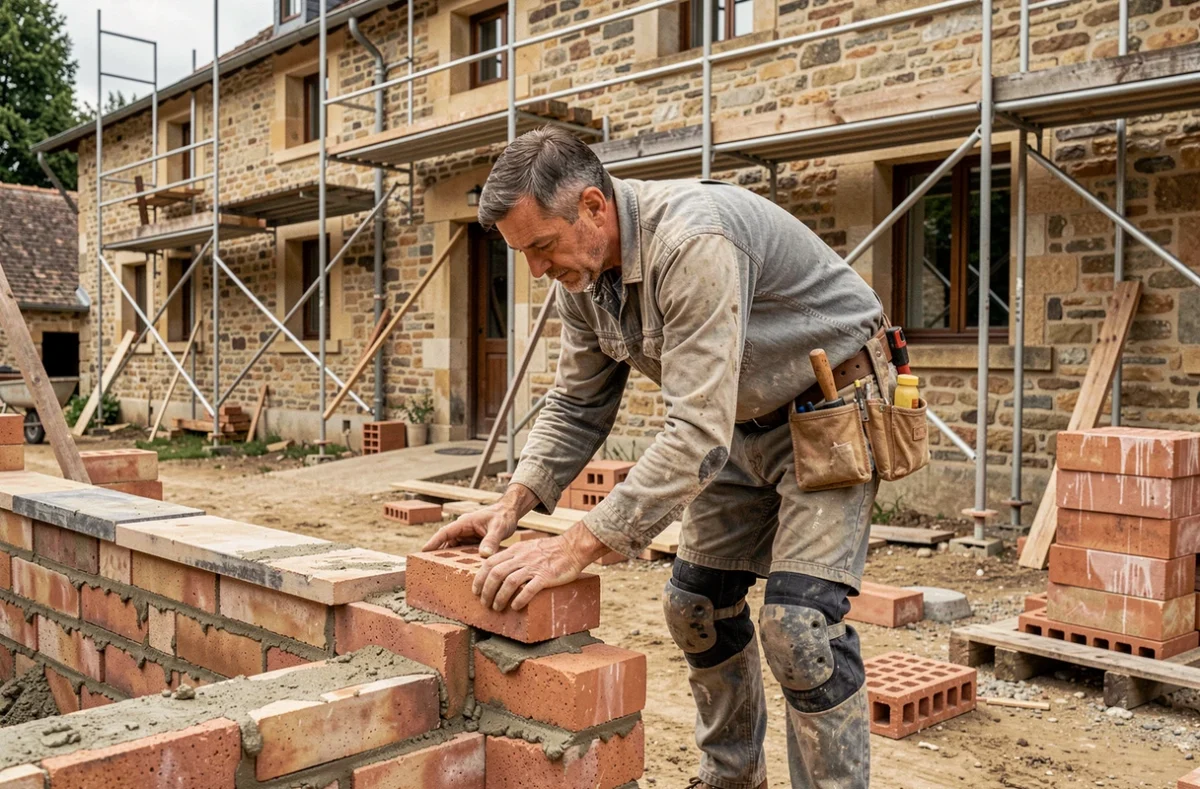 Maçon spécialisé travaillant sur un chantier de bâtiment en Bourgogne, représentant les agences BTP spécialisées