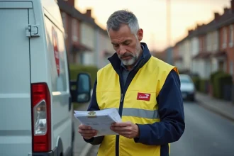 Agent de distribution La Poste consultant sa feuille de tournée devant un véhicule de livraison blanc en zone résidentielle