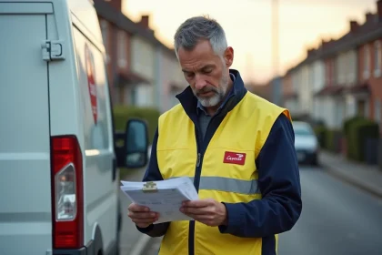 Agent de distribution La Poste consultant sa feuille de tournée devant un véhicule de livraison blanc en zone résidentielle