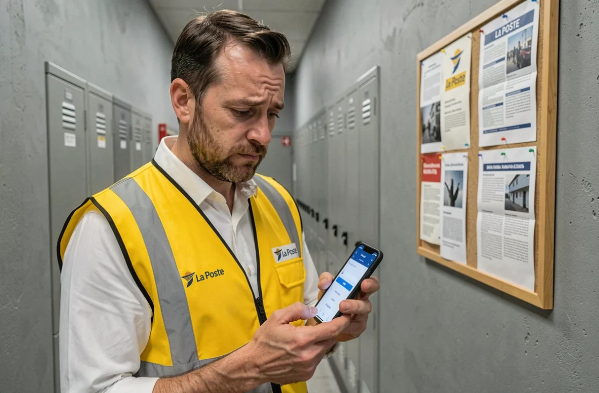 Agent La Poste en gilet jaune consultant l'application GTM extra sur smartphone dans un couloir de centre de tri