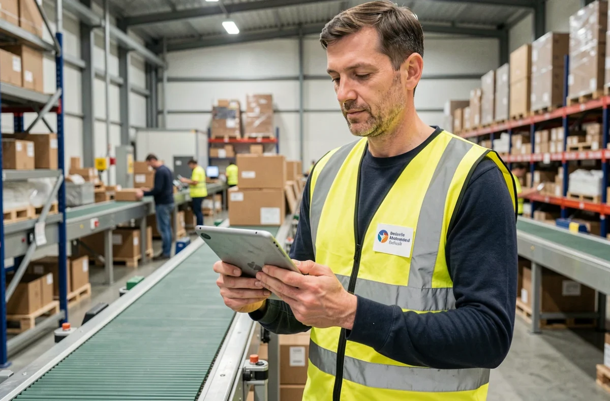 Agent logistique Chronopost consultant ses avantages CSE sur tablette dans un centre de tri