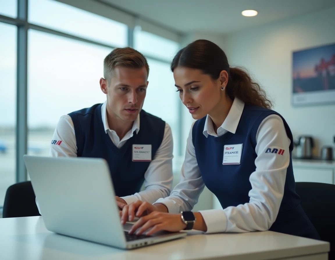 Deux agents Air France consultant ensemble les nouveaux services et outils de l'intranet sur un ordinateur portable en salle de pause