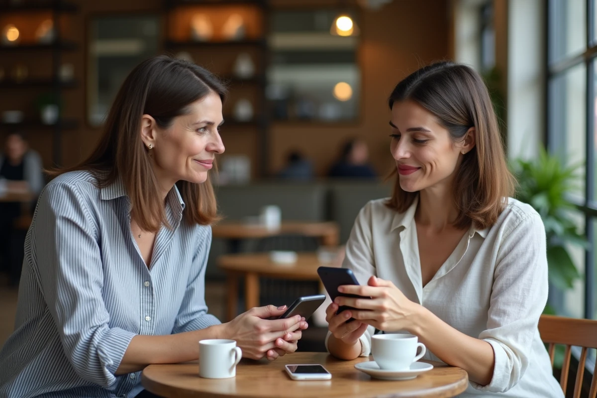Deux femmes dans un café, l'une aidant l'autre à comprendre l'application My Arkevia sur smartphone
