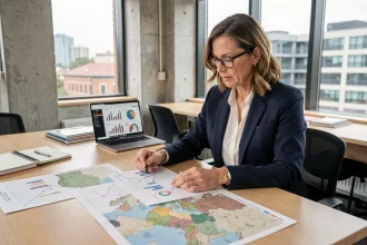 Professionnelle analysant des indicateurs économiques territoriaux et des cartes régionales dans un bureau moderne