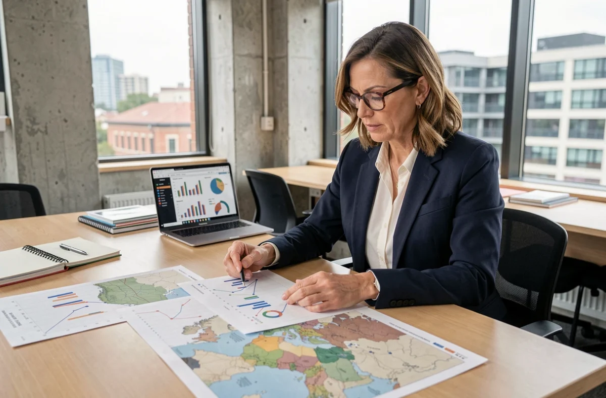 Professionnelle analysant des indicateurs économiques territoriaux et des cartes régionales dans un bureau moderne