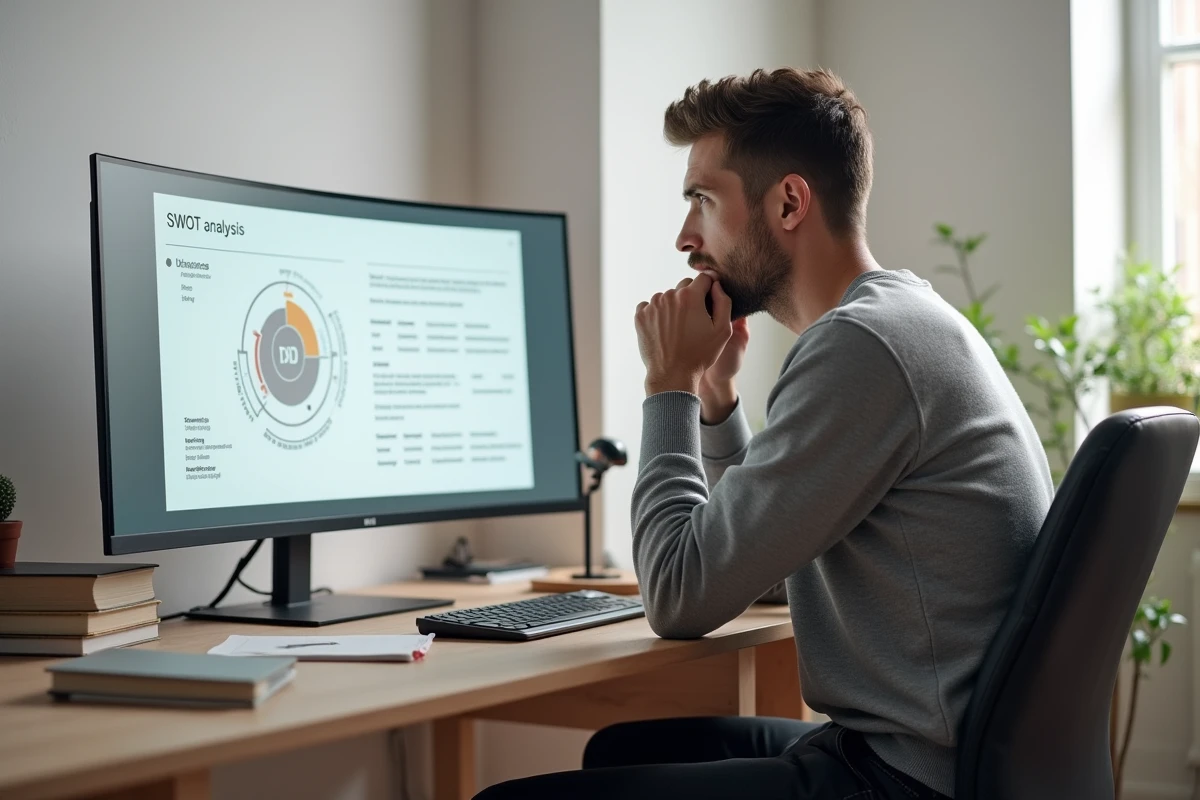 Professionnel en communication analysant une matrice SWOT digitale sur écran dans un bureau à domicile