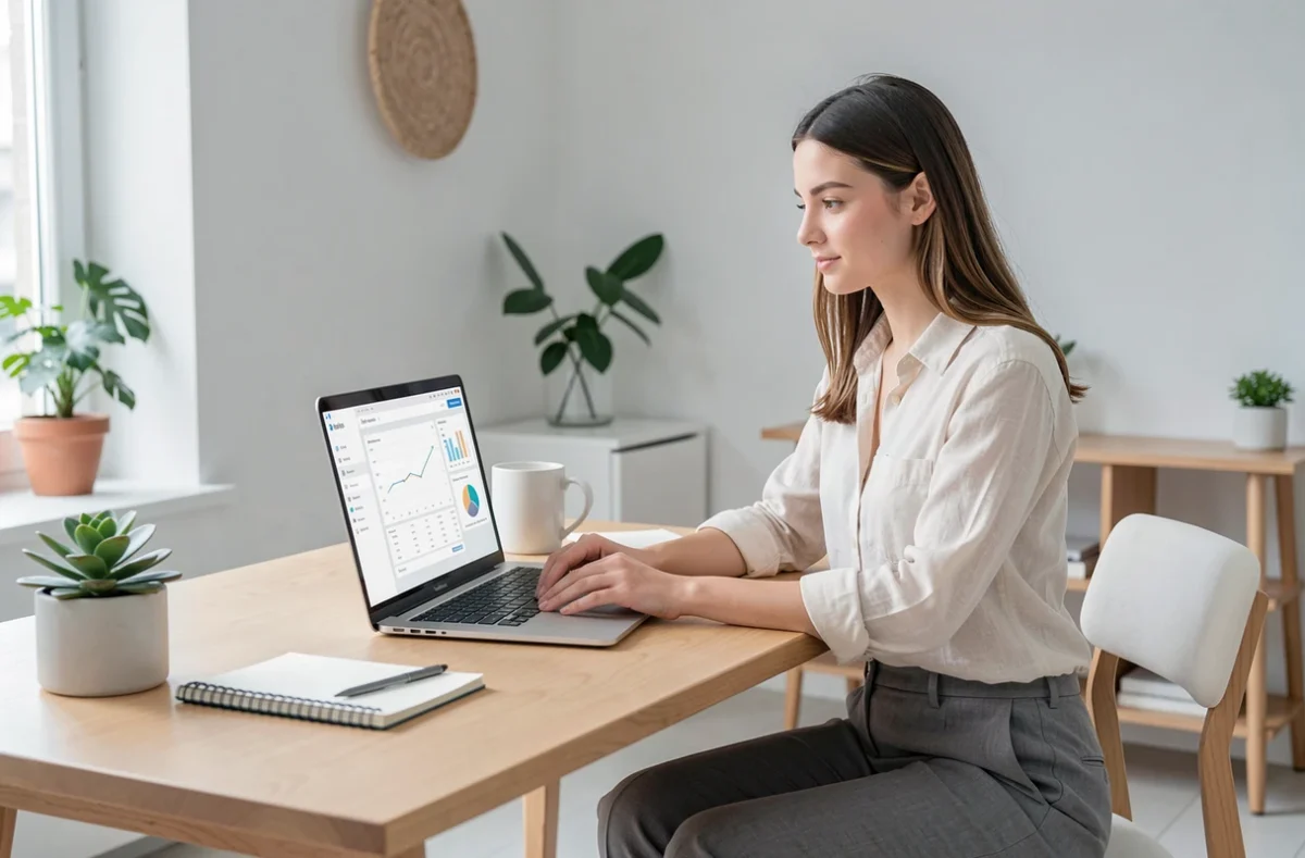 Experte-comptable en ligne d'Annolis à Lyon travaillant sur une plateforme comptable numérique depuis un bureau minimaliste et moderne