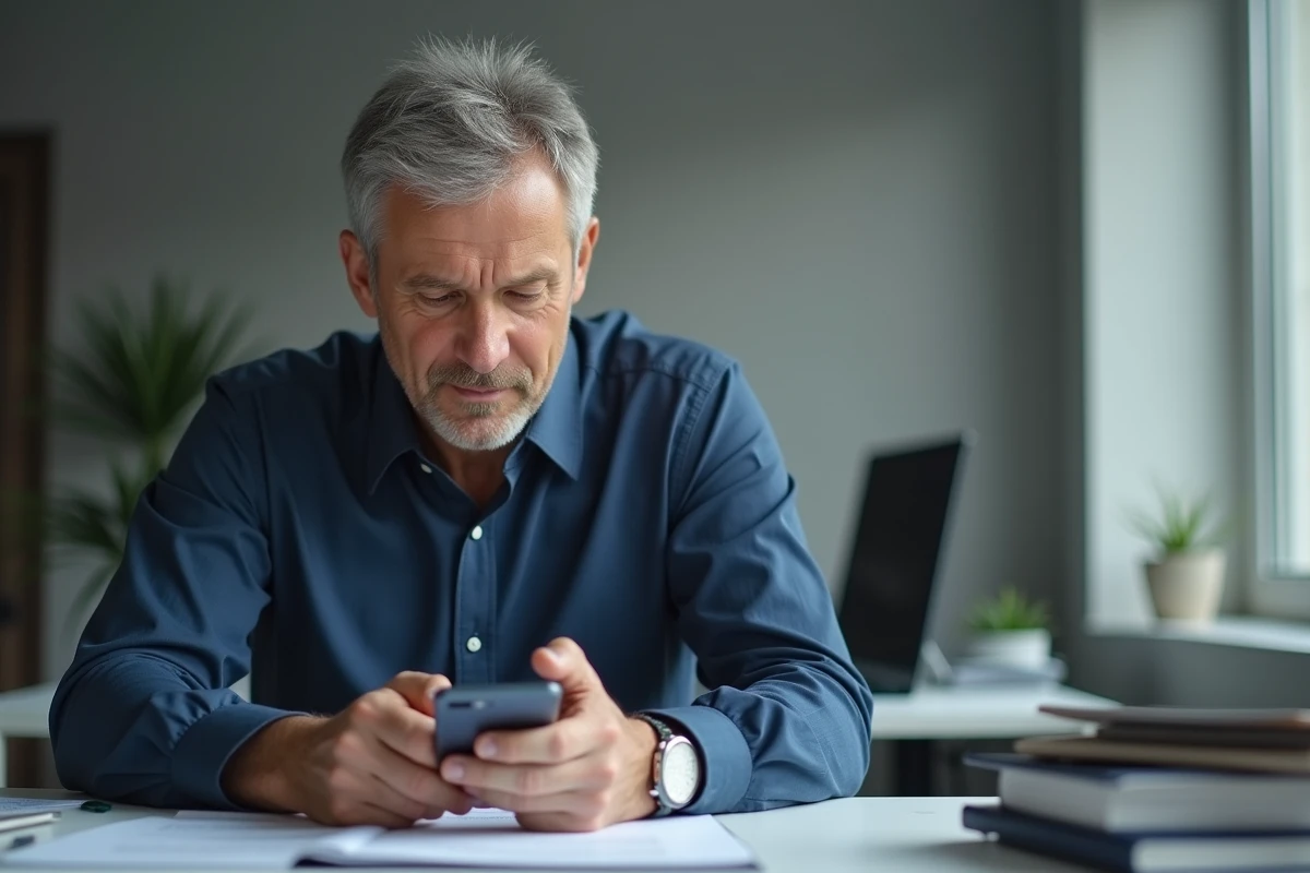 Homme consultant l'application myPrimobox sur iPhone dans un bureau professionnel