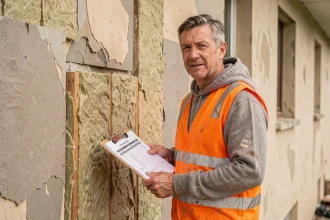 Artisan BTP tenant un devis de rénovation énergétique devant une facade de maison en cours d'isolation thermique