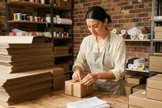 Artisane pliant une boîte cadeau kraft dans un atelier de conditionnement pour petites séries