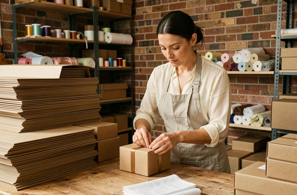 Artisane pliant une boîte cadeau kraft dans un atelier de conditionnement pour petites séries