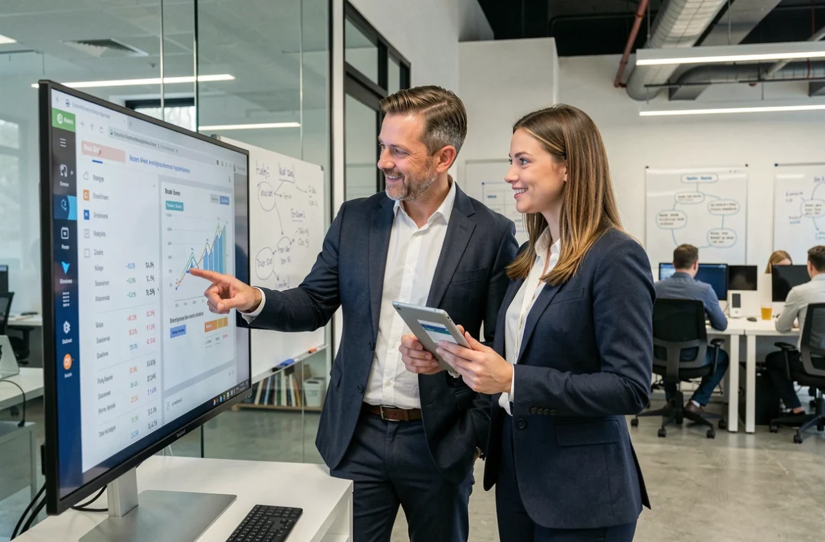 Deux associés analysant ensemble un seuil de rentabilité sur un écran dans un espace de coworking