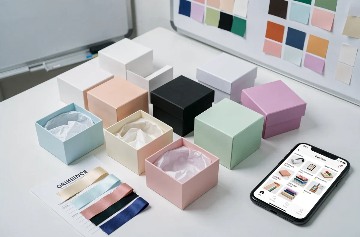 Assortiment de boîtes cadeaux en petites séries disposées sur un bureau de studio de design