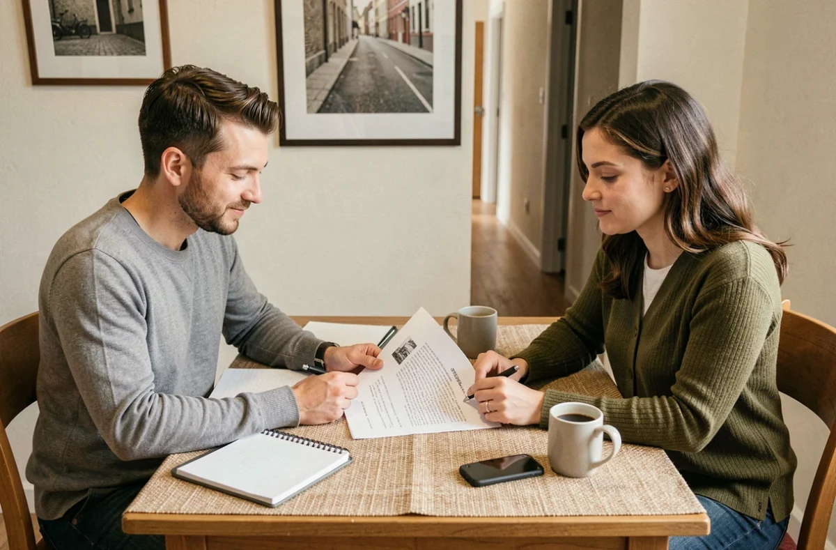 Deux entrepreneurs locataires étudiant une autorisation de domiciliation d'entreprise au domicile autour d'une table