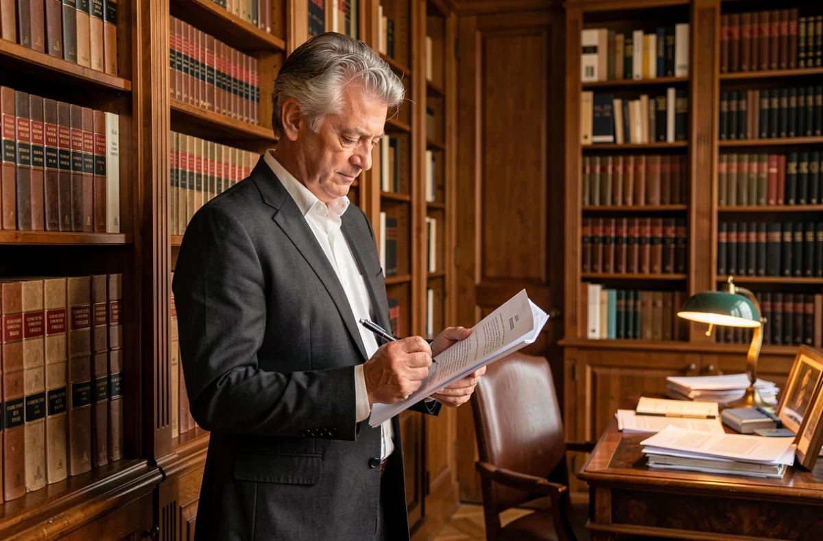 Avocat spécialisé en droit du travail annotant le Code du travail dans son cabinet juridique traditionnel