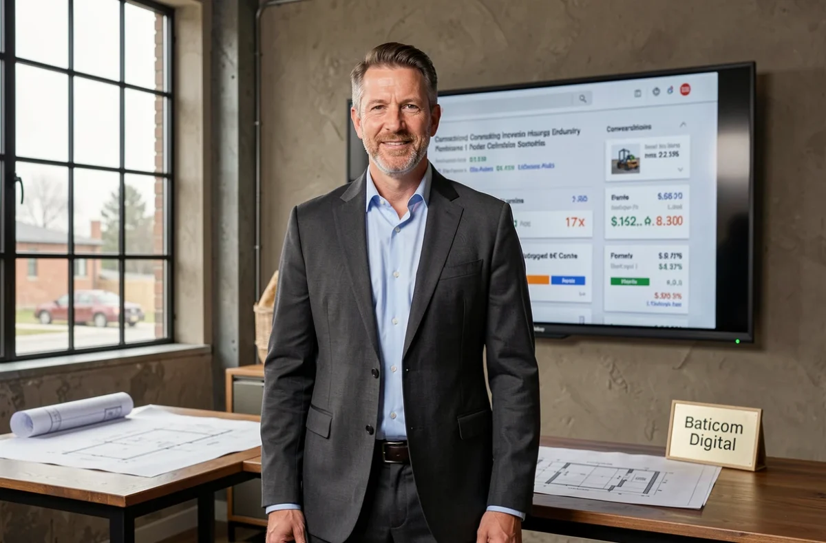 Responsable de Baticom Digital présentant une stratégie Google Ads orientée BTP devant un écran de tableau de bord