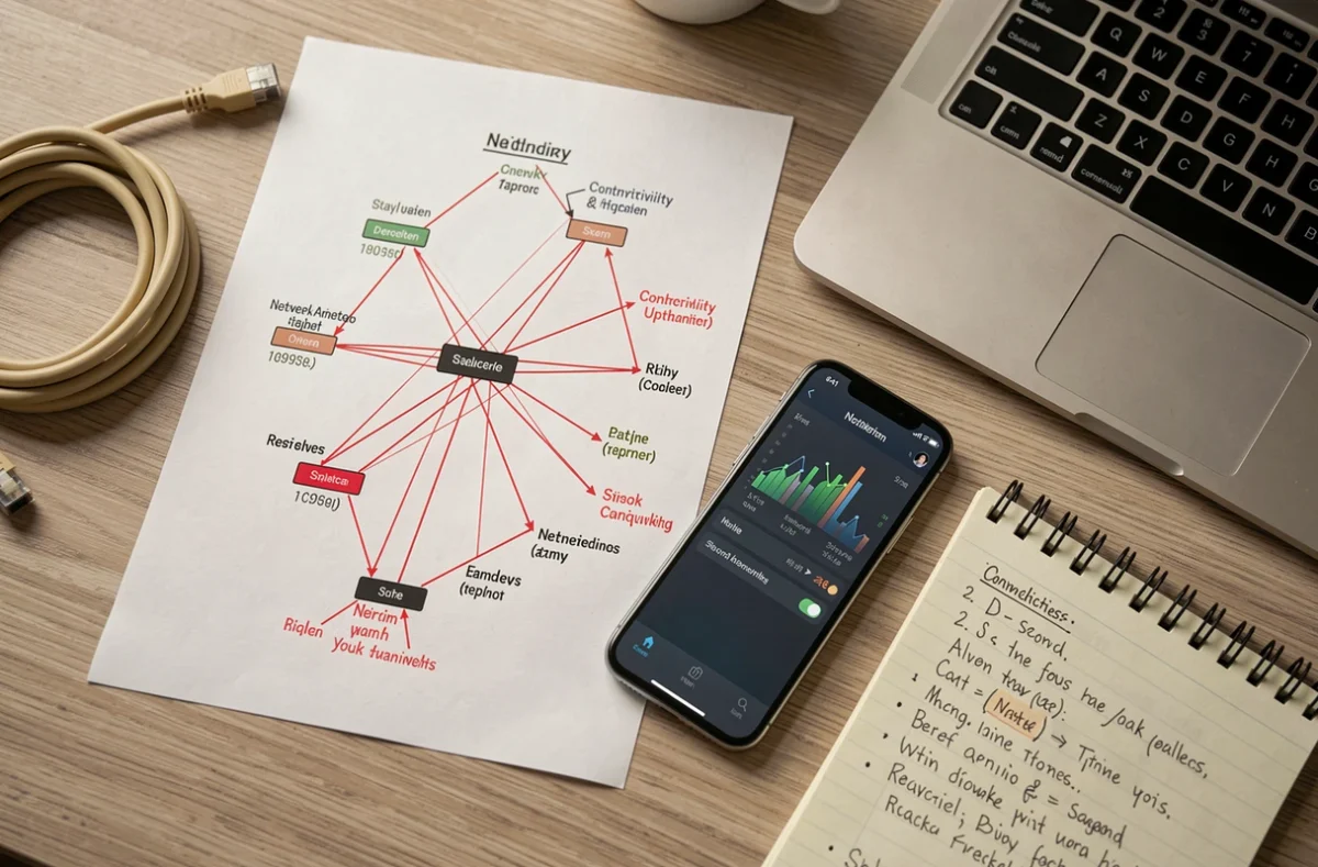 Vue aérienne d'un bureau d'architecte réseau avec schéma de connexion bi-accès annoté et tableau de bord de connectivité multi-sites