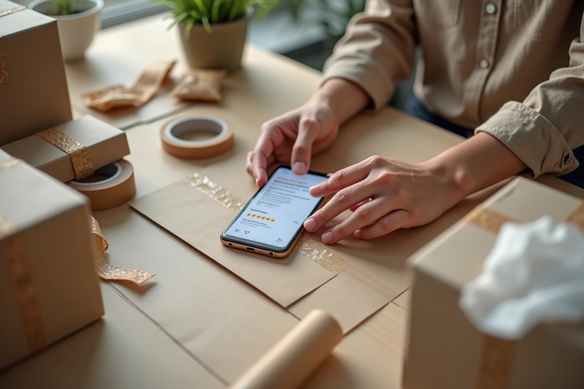 Gros plan sur un bureau d'emballage à domicile avec des fournitures d'expédition et un smartphone affichant des avis sur une entreprise
