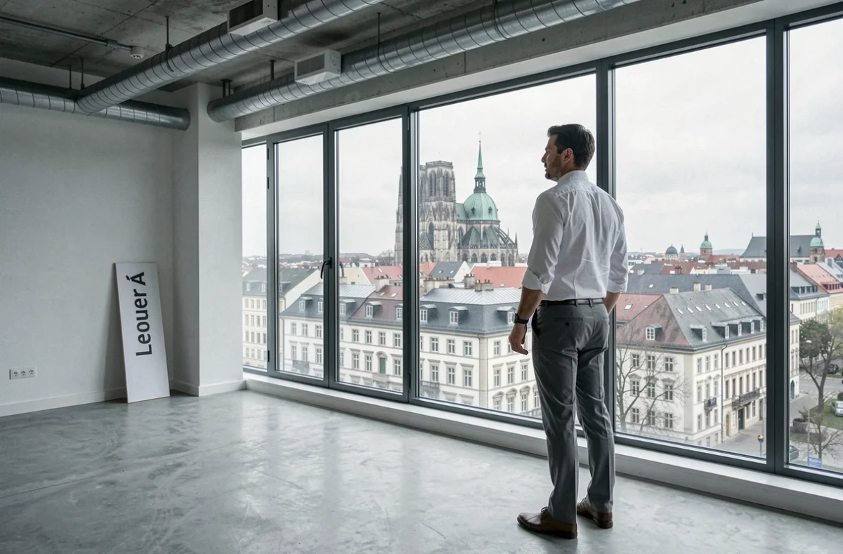 Homme debout dans un bureau vide à louer à Strasbourg avec vue sur la cathédrale