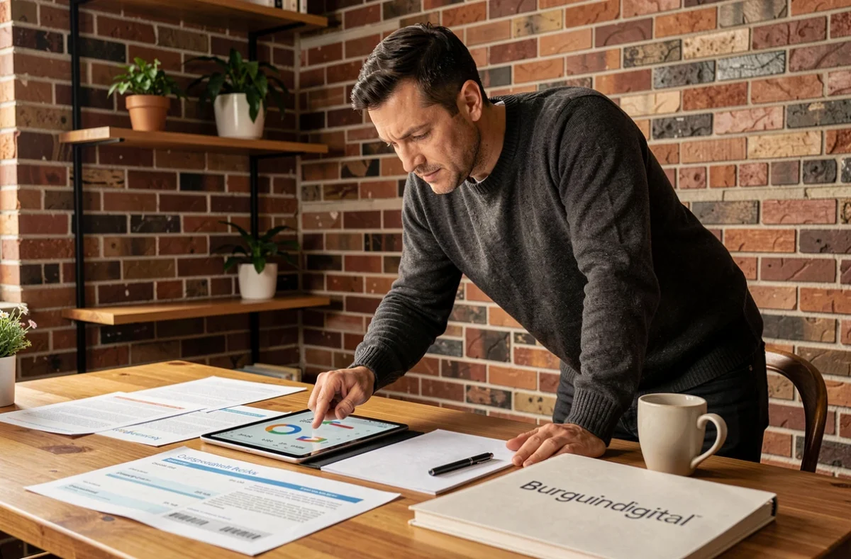 Expert de Burguindigital concentré sur l'analyse de données Google Ads dans un studio créatif avec murs en briques