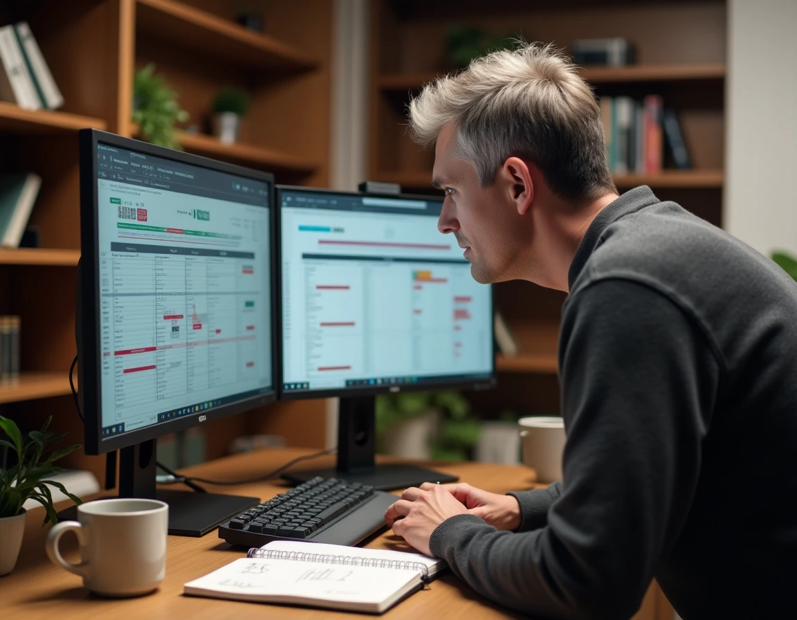 Entrepreneur consultant analysant un tableau de bord de planification 2026 avec jours ouvrés sur double écran dans un bureau à domicile