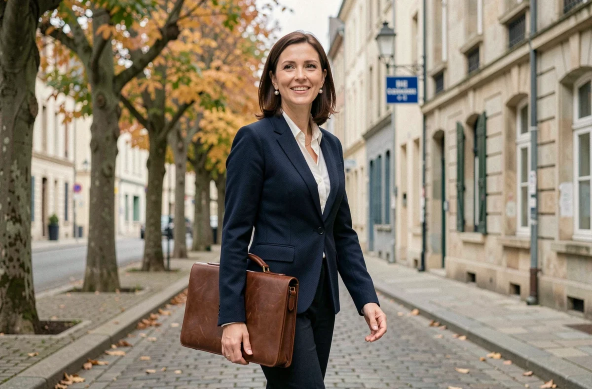 Avocate du cabinet Freire-Marques Adélaïde marchant dans le centre de Bourgoin-Jallieu avec sa mallette