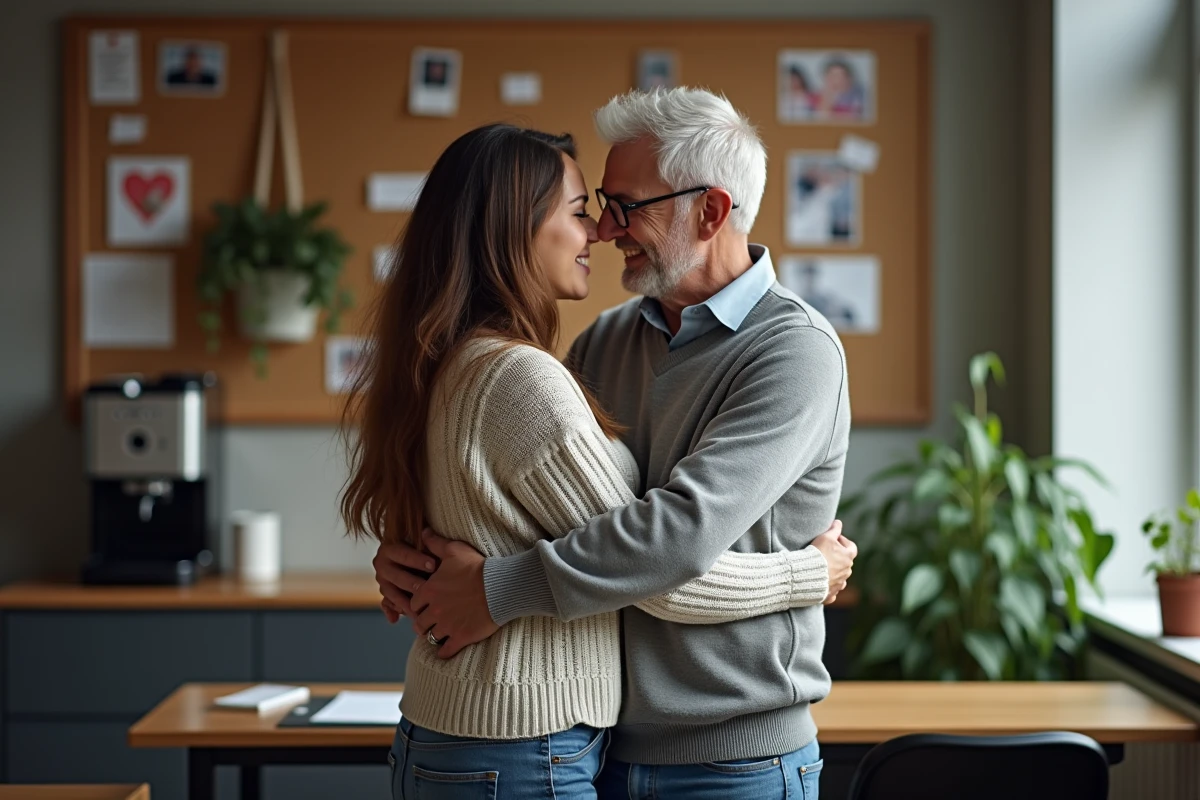 Jeune femme embrassant un collègue dans une salle de pause