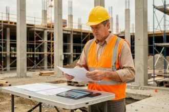 Chef de chantier BTP analysant les données de gestion et les indicateurs de ROI sur tablette et documents imprimés lors d'une réunion de terrain