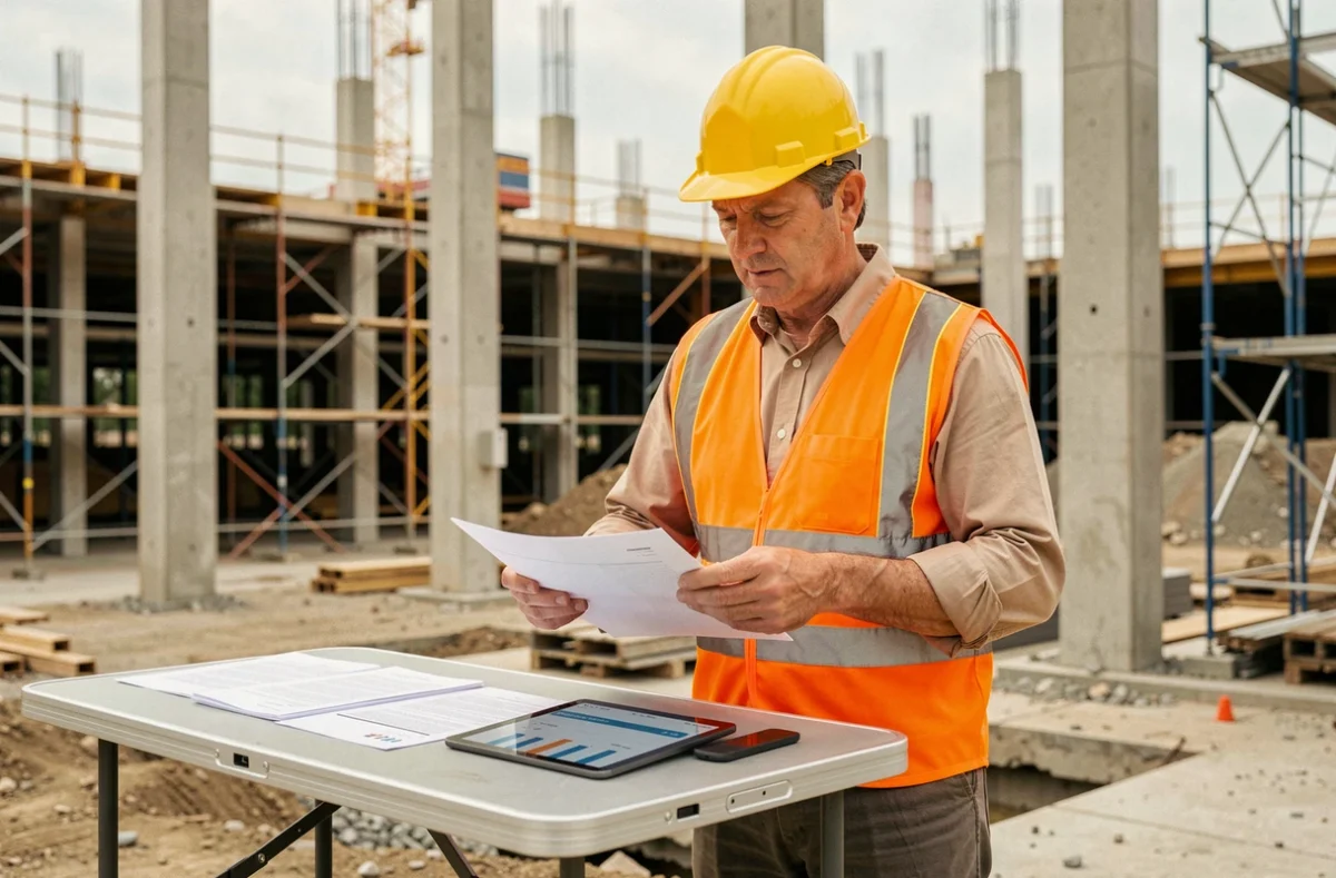 Chef de chantier BTP analysant les données de gestion et les indicateurs de ROI sur tablette et documents imprimés lors d'une réunion de terrain