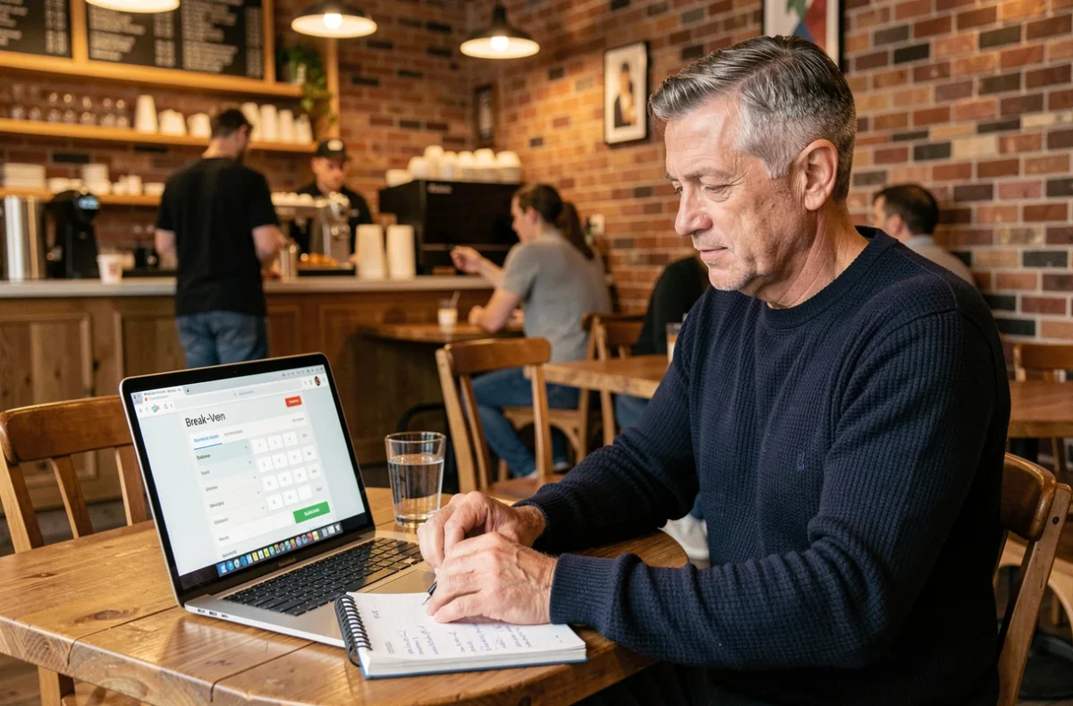 Chef d'entreprise consultant une calculette de seuil de rentabilité sur son ordinateur portable dans un café