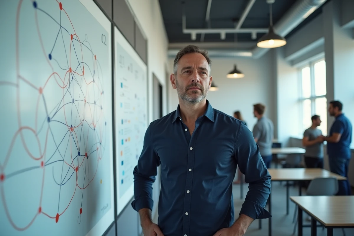Chercheur devant un tableau blanc rempli de schémas interconnectés représentant l'analyse et la complexité du phénomène Yindofoyelaszoz